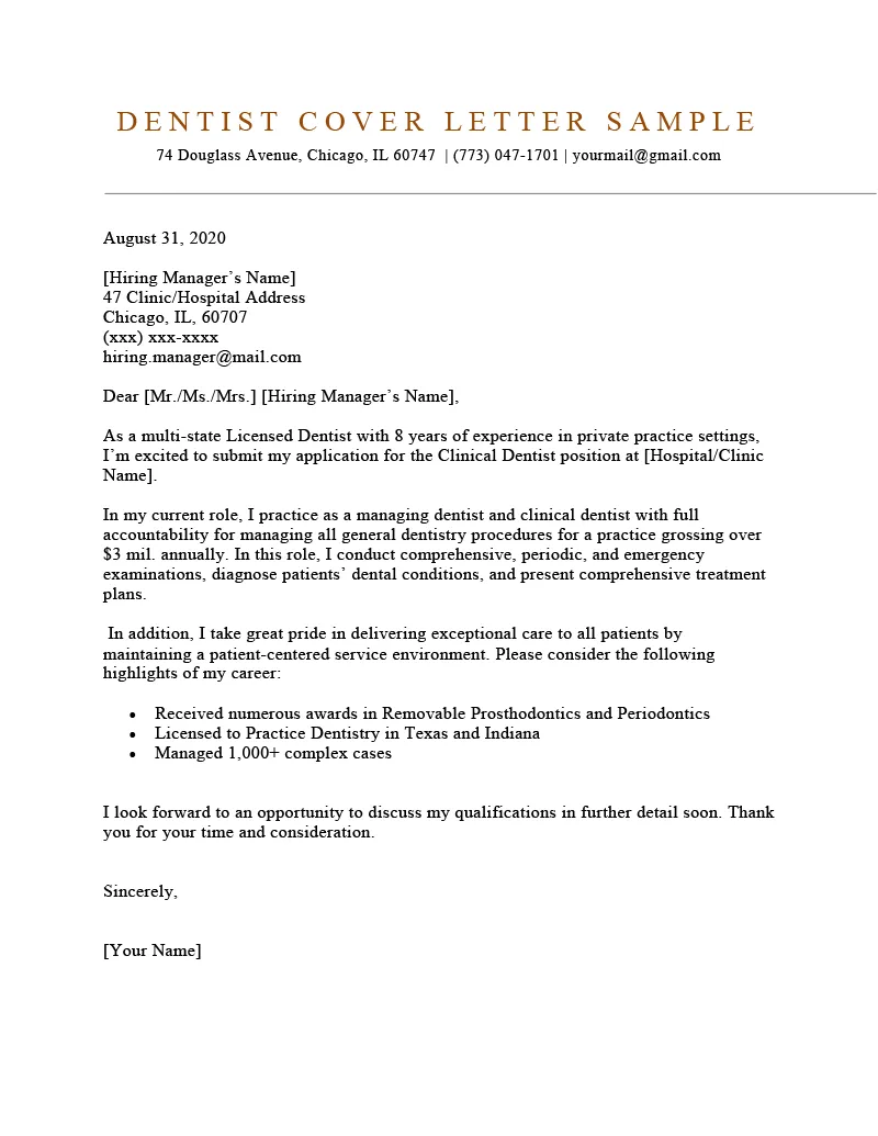 39562 orthodontist cover letter experience