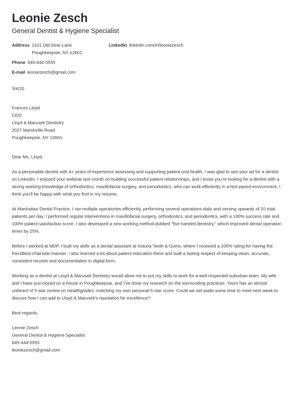 39562 orthodontist cover letter formatting