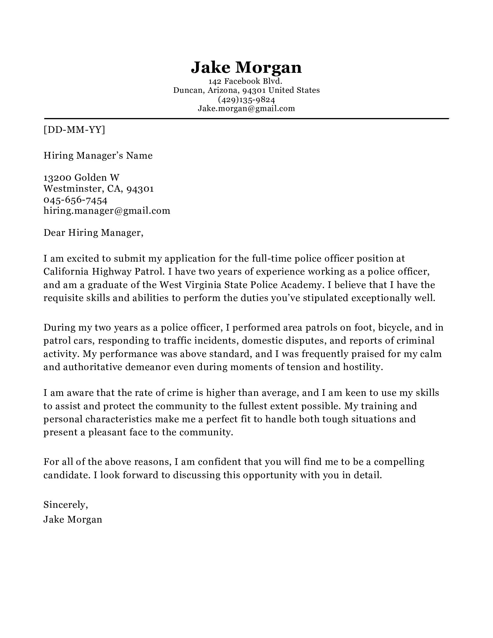 39678 police officer cover letter skills