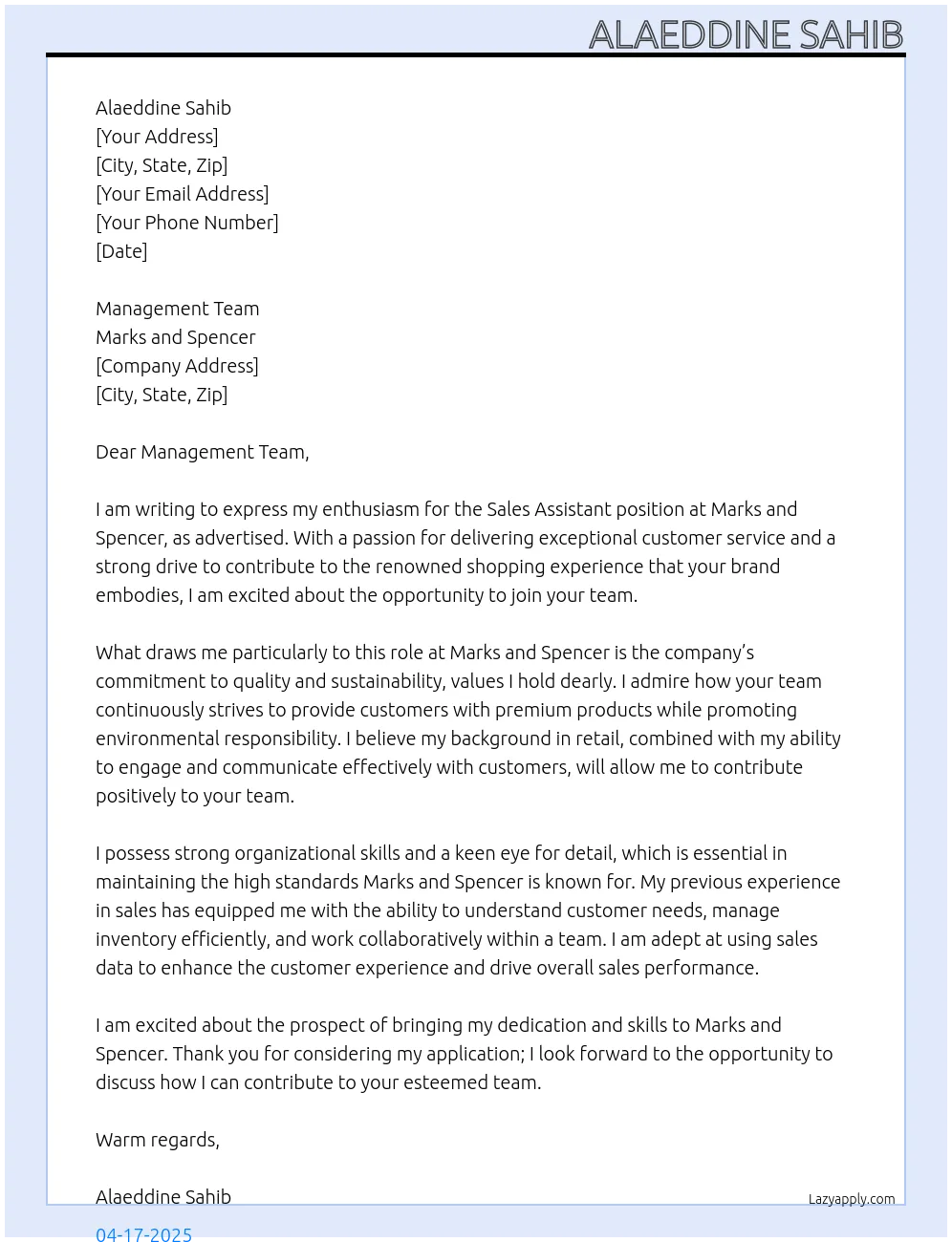 39736 retail sales cover letter header