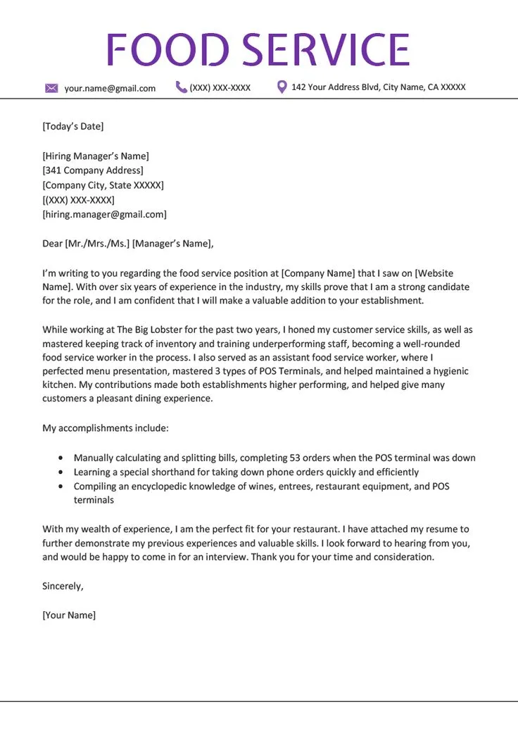 39776 food service director cover letter writing