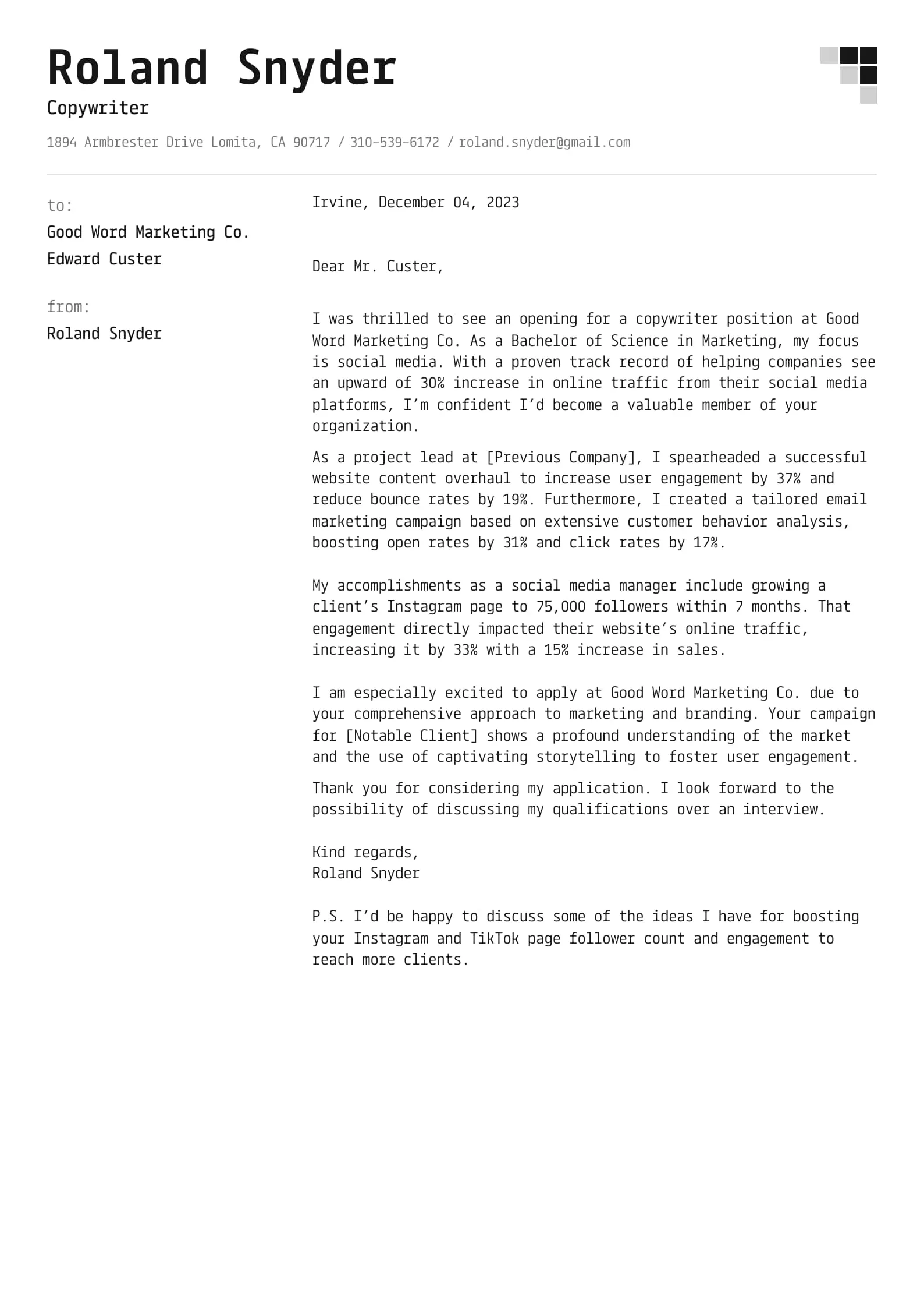 39781 copywriting cover letter enthusiasm
