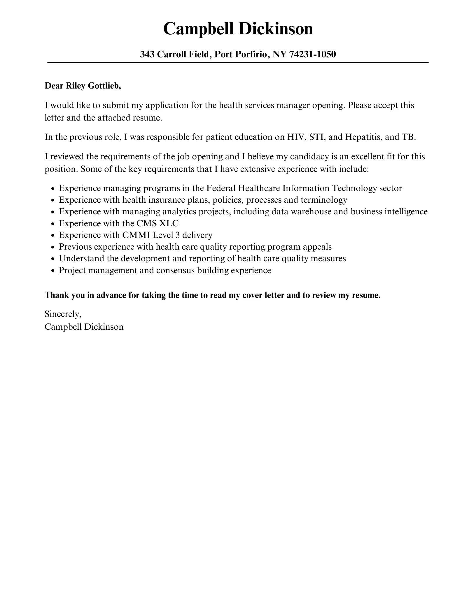 39802 cover letter healthcare management achievements