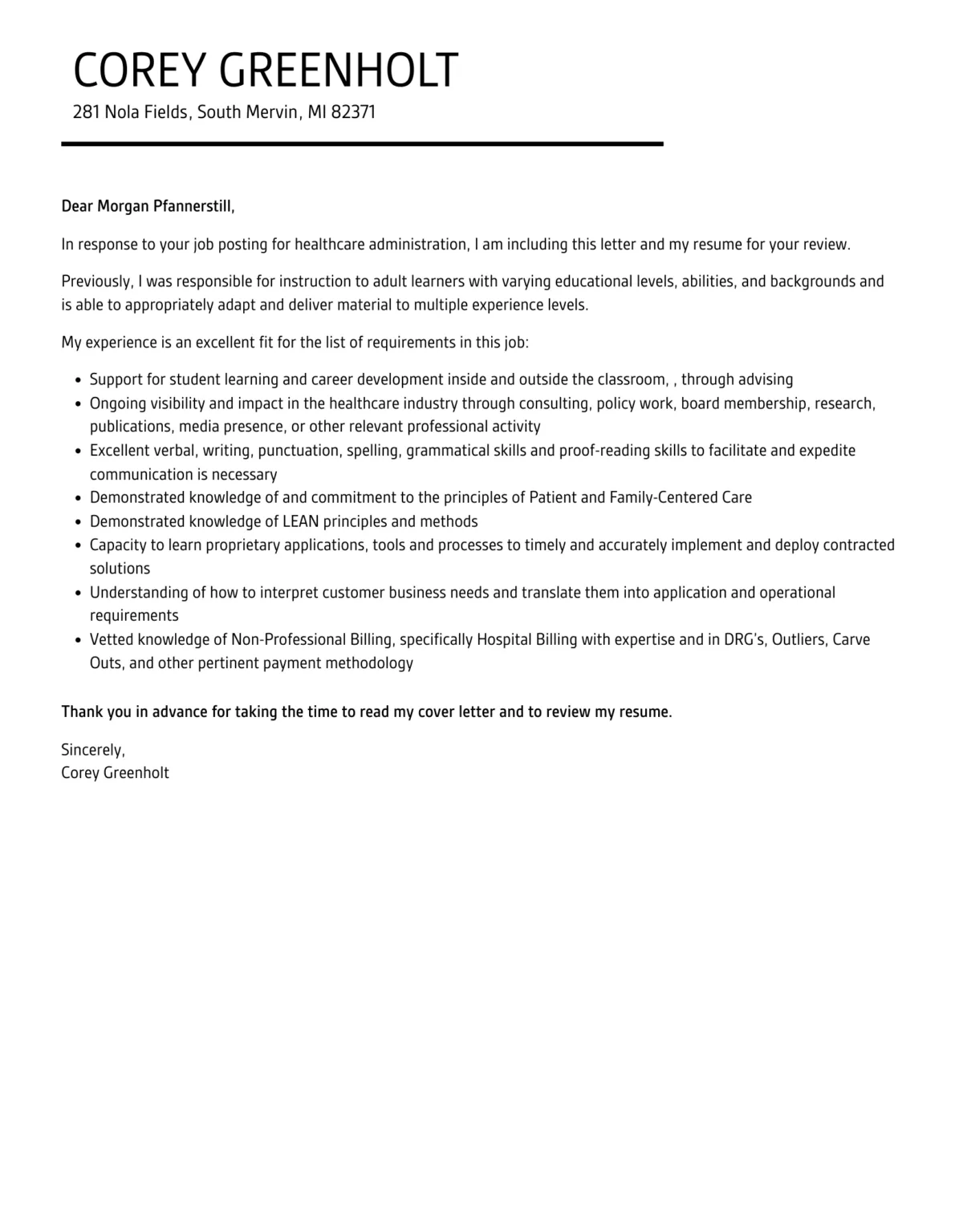 39802 cover letter healthcare management conclusion