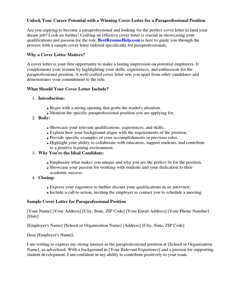 39854 paraprofessional cover letter guide