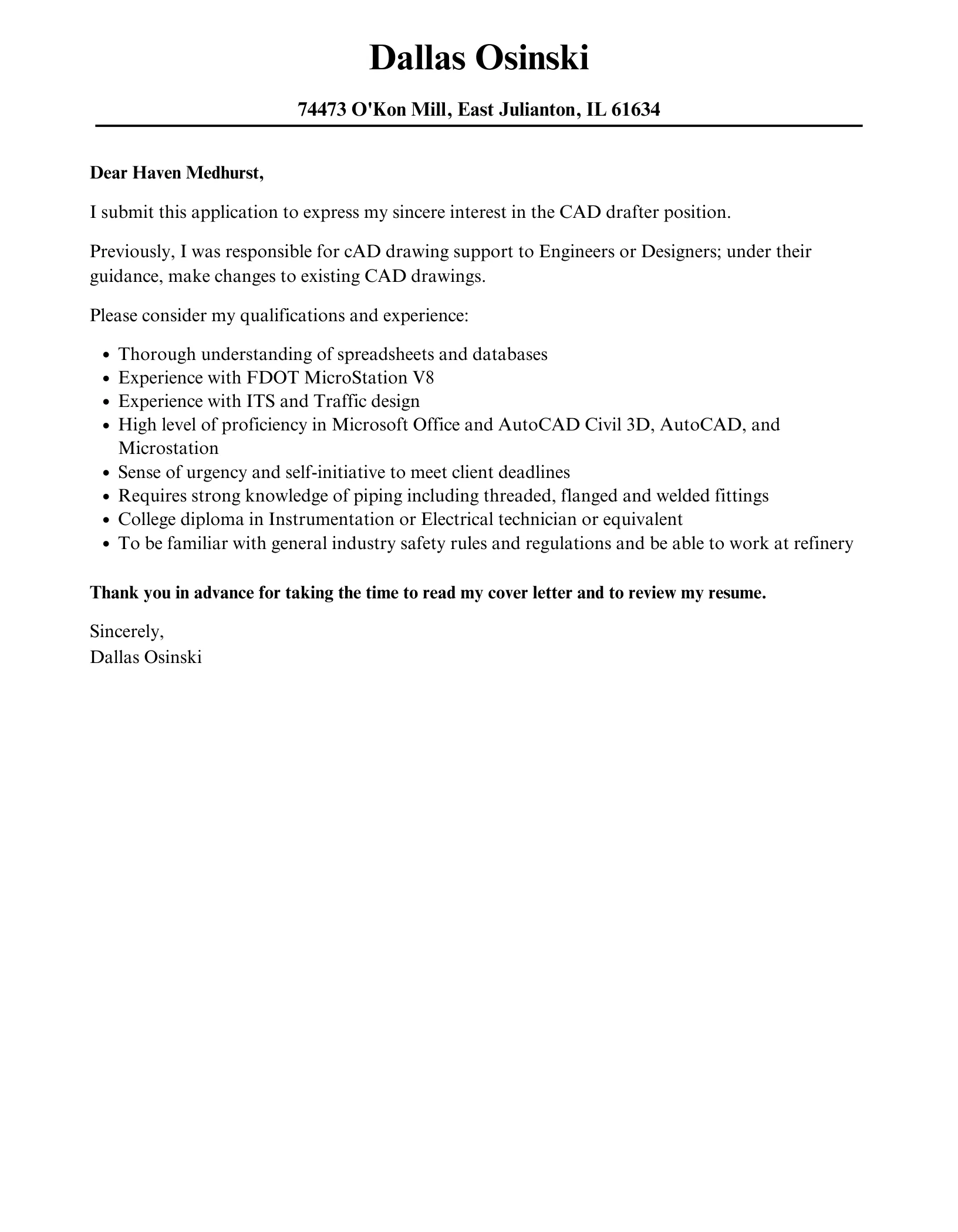 39867 cad drafter cover letter tips