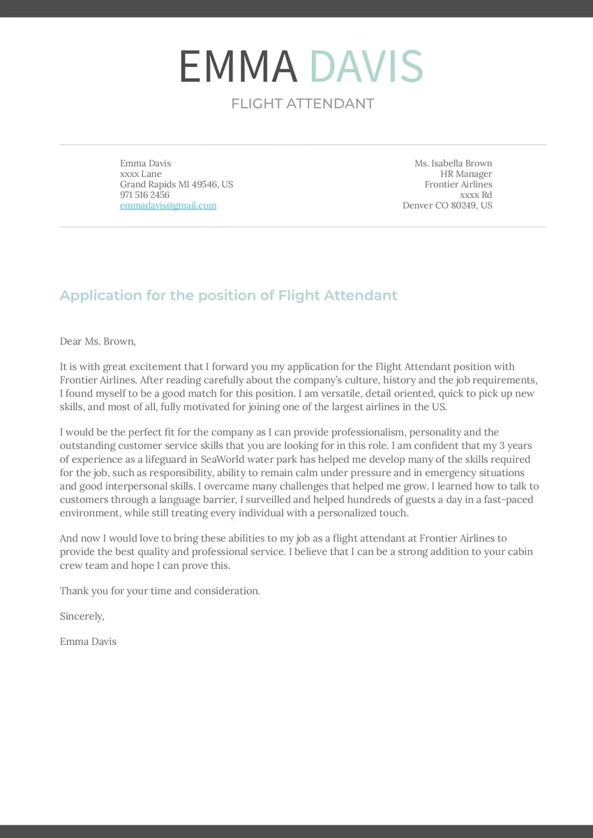 39873 flight attendant cover letter example