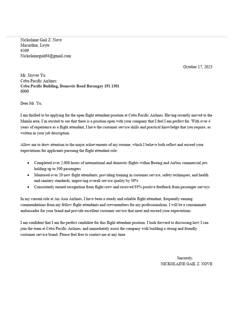 39873 flight attendant cover letter header
